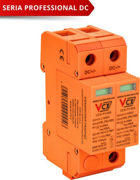 Ogranicznik przepięć fotowoltaiczny DC klasy C 2P (T2) 1000V PV 385 VCX VCX