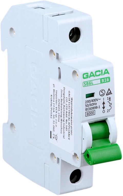 Wyłącznik nadmiarowoprądowy,6kA,B,1-pole,16A GACIA SB6L B 1P 16A GACIA