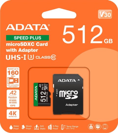Adata Karta pamięci microSD Speed Plus 512GB UHS1 U3 V30 A2 180/160 MB/s ADATA