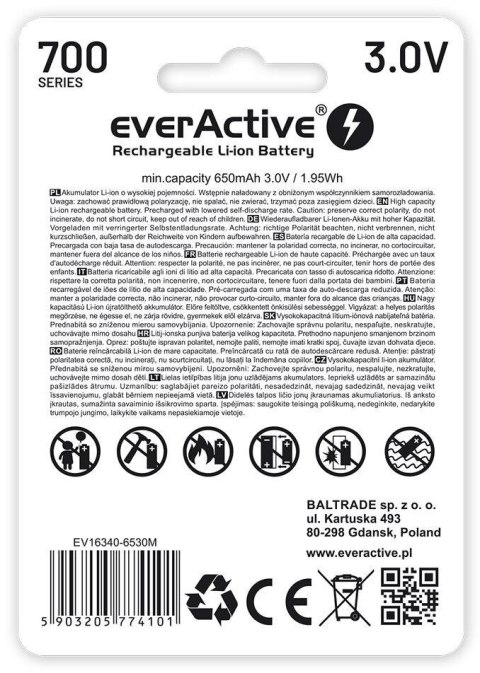 Akumulatorek 16340 / R-CR123 3V everActive 700mAh (1 szt.) z zabezpieczeniem EVERACTIVE
