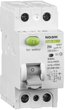 WYŁĄCZNIK RÓŻNICOWOPRĄDOWY, 6 KA, 25A, 30MA, 2P TYP AC EX9L-N Noark 108314 NOARK