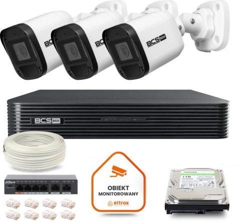 Zestaw monitoringu IP BCS Basic 3x Kamera BCS-B-TIP15FR3(2.0) Rejestrator z dyskiem BCS