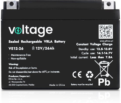 Akumulator AGM Voltage 12V 26Ah VE12-26 (Żywotność 6-9 lat) VOLTAGE