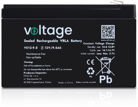 Akumulator AGM Voltage 12V 9Ah VE12-9.0 (Żywotność 6-9 lat) VOLTAGE