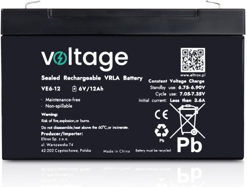 Akumulator AGM Voltage 6V 12Ah VE6-12 (Żywotność 6-9 lat) VOLTAGE