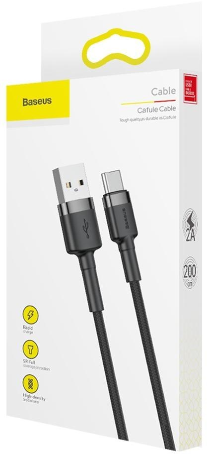KABEL USB-A / USB-C Baseus Cafule CATKLF-CG1 200cm 2A QC 3.0 CZARNO-SZARY W NYLONOWYM OPLOCIE BASEUS