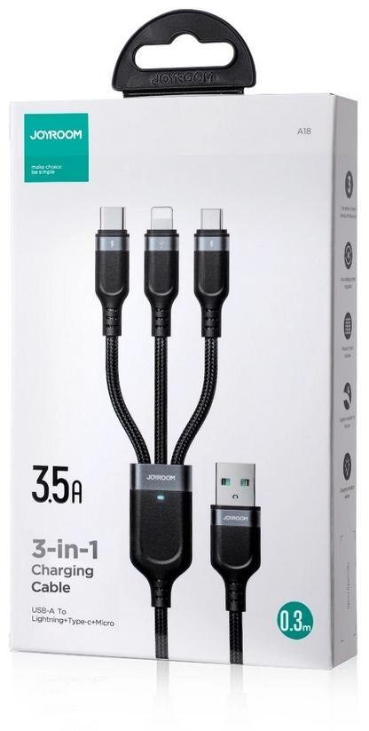 Kabel 3w1 USB-A / USB-C micro-USB Lightning Joyroom S-1T3018A18 30cm 3.5A w oplocie czarny JOYROOM