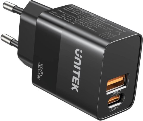 Ładowarka sieciowa Unitek 20W czarna (1x USB-A, 1x USB-C) UNITEK