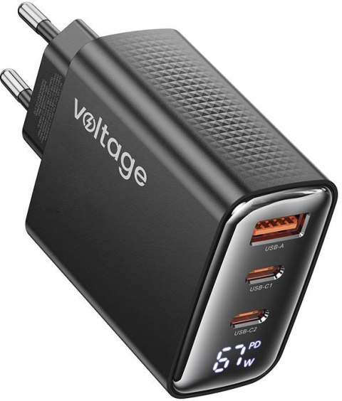 Ładowarka sieciowa Voltage GaN Charger 67W PD 3.0 QC 4.0 USB-A 2x USB-C Digital Display czarna VOLTAGE