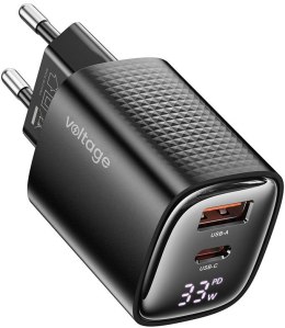 Ładowarka sieciowa Voltage GaN Charger Mini 33W PD 3.0 QC 3.0 USB-A USB-C Digital Display czarna VOLTAGE