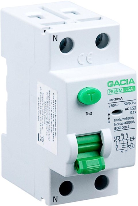 Wyłącznik różnicowoprądowy 25A, 30mA, 2P, typ A GACIA PR8NM 2P 25A 30MA A GACIA