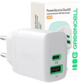 ŁADOWARKA SIECIOWA Greencell PowerSource Duo30 30W 1xUSB-C 1xUSB-A PD 3.0 QC 4.0+ biała GREEN CELL