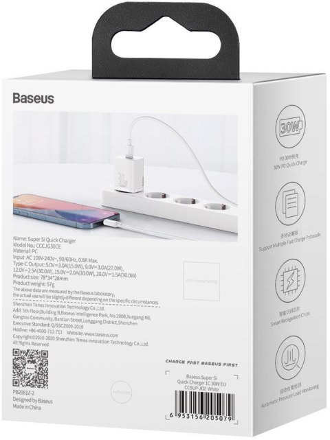 ŁADOWARKA SIECIOWA Baseus Super Si Quick Charger 1C CCSUP-J02 30W 1x USB-C PD 3.0 QC 3.0 BIAŁA BASEUS
