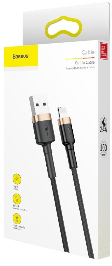 KABEL USB-A / Lightning iPhone Baseus Cafule CALKLF-BV1 100cm Apple 2.4A CZARNO-ZŁOTY W OPLOCIE BASEUS