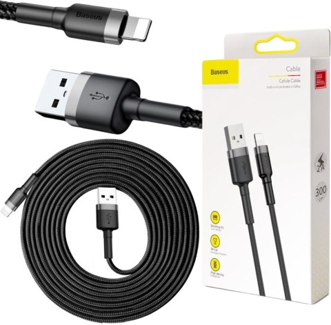 KABEL USB-A / Lightning iPhone Baseus Cafule CALKLF-RG1 300cm Apple 2A CZARNO-SZARY W OPLOCIE BASEUS