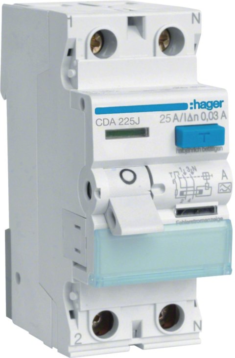 HAGER RCCB Wyłącznik różnicowoprądowy 1P+N 25A 30mA 6kA A CDA225J HAGER
