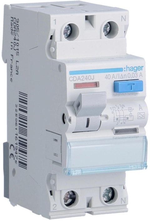 HAGER RCCB Wyłącznik różnicowoprądowy 1P+N 40A 30mA 6kA A CDA240J HAGER