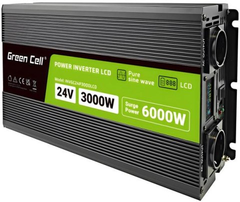 PRZETWORNICA NAPIĘCIA Green Cell PowerInverter LCD 24V / 230V 3000/6000W CZYSTA SINUSOIDA GREEN CELL