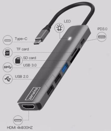HUB ADAPTER USB-C 7w1 HDMI 4K USB 3.0 SD PD Zenwire BS-HC703 ZENWIRE