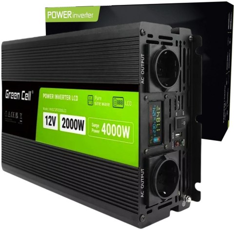 PRZETWORNICA NAPIĘCIA Green Cell PowerInverter LCD 12V / 230V 2000W/4000W CZYSTA SINUSOIDA GREEN CELL
