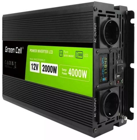 PRZETWORNICA NAPIĘCIA Green Cell PowerInverter LCD 12V / 230V 2000W/4000W CZYSTA SINUSOIDA GREEN CELL