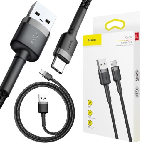 KABEL USB-A / USB-C Baseus Cafule CATKLF-AG1 50cm 3A QC 3.0 CZARNO-SZARY W NYLONOWYM OPLOCIE BASEUS