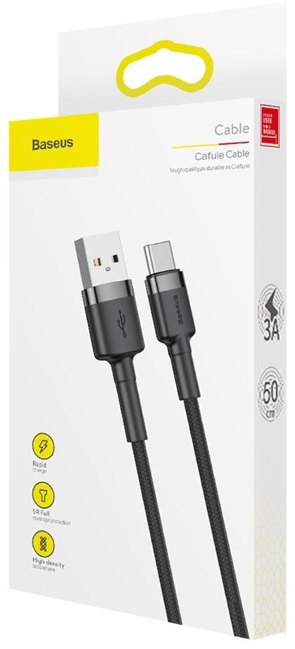 KABEL USB-A / USB-C Baseus Cafule CATKLF-AG1 50cm 3A QC 3.0 CZARNO-SZARY W NYLONOWYM OPLOCIE BASEUS
