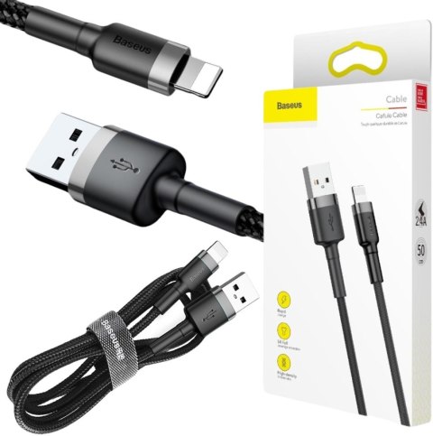 KABEL USB-A / Lightning iPhone Baseus Cafule CALKLF-AG1 50cm Apple 2.4A CZARNO-SZARY W OPLOCIE BASEUS