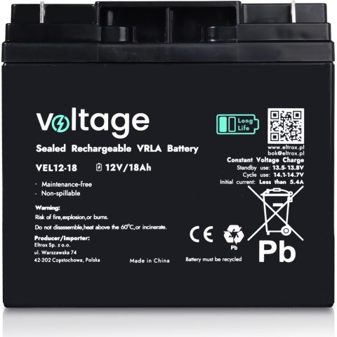 Akumulator AGM Voltage Long Life 12V 18Ah VEL12-18 (Żywotność 15 lat) VOLTAGE