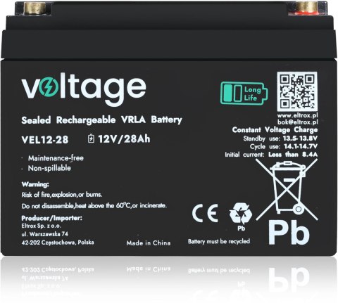 Akumulator AGM Voltage Long Life 12V 28Ah VEL12-28 (Żywotność 15 lat) VOLTAGE