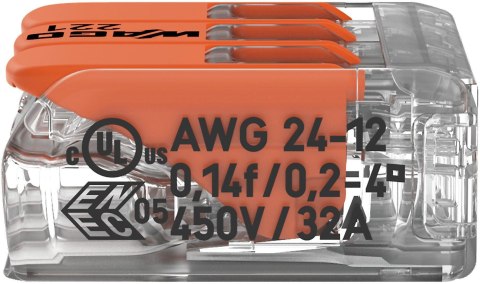 Szybkozłączka uniwersalna LINKA/DRUT 3x 0,2-4mm2 WAGO 221-413 (Paczka 50szt.) WAGO