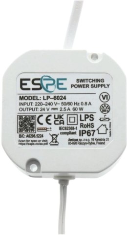 ZASILACZ IMPULSOWY DOPUSZKOWY ESPE LP-6024 24V/60W/2.5A IP67 ESPE