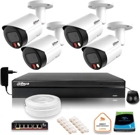 Zestaw monitoringu IP Dahua 4 kamer FullHD z podwójnych oświetleniem kolor w nocy DAHUA