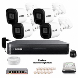 Zestaw monitoringu IP BCS Basic 4x Kamera BCS-B-TIP12FR3(2.0) Rejestrator z dyskiem BCS