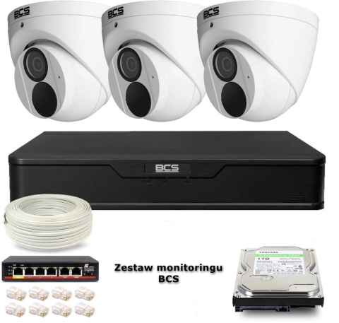 Zestaw monitoringu IP BCS Point 3x Kamera BCS-P-EIP28FWR3-Ai2 Rejestrator z dyskiem BCS