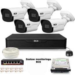Zestaw monitoringu IP BCS Point 4x Kamera BCS-P-TIP24FSR4-Ai2 Rejestrator z dyskiem 1TB BCS