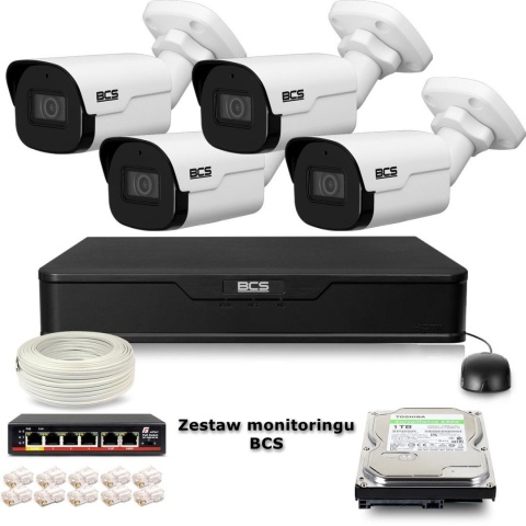 Zestaw monitoringu IP BCS Point 4x Kamera BCS-P-TIP25FSR4-Ai2 Rejestrator z dyskiem 1TB BCS