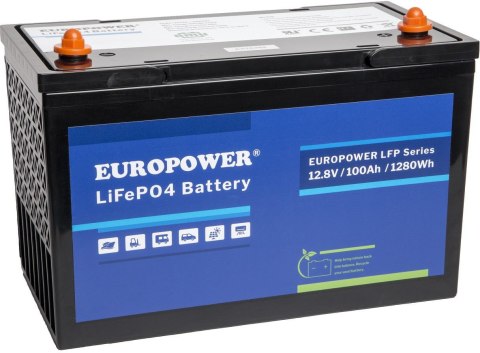Akumulator 12,8V 100Ah LiFePO4 Bluetooth EUROPOWER seria LFP  (trwałość ok 4000 cykli) Model: LFP/12/100/E/B/HT/SH